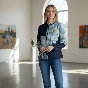 Navy Floral-Print Long Sleeve Blazer Jacket size 8